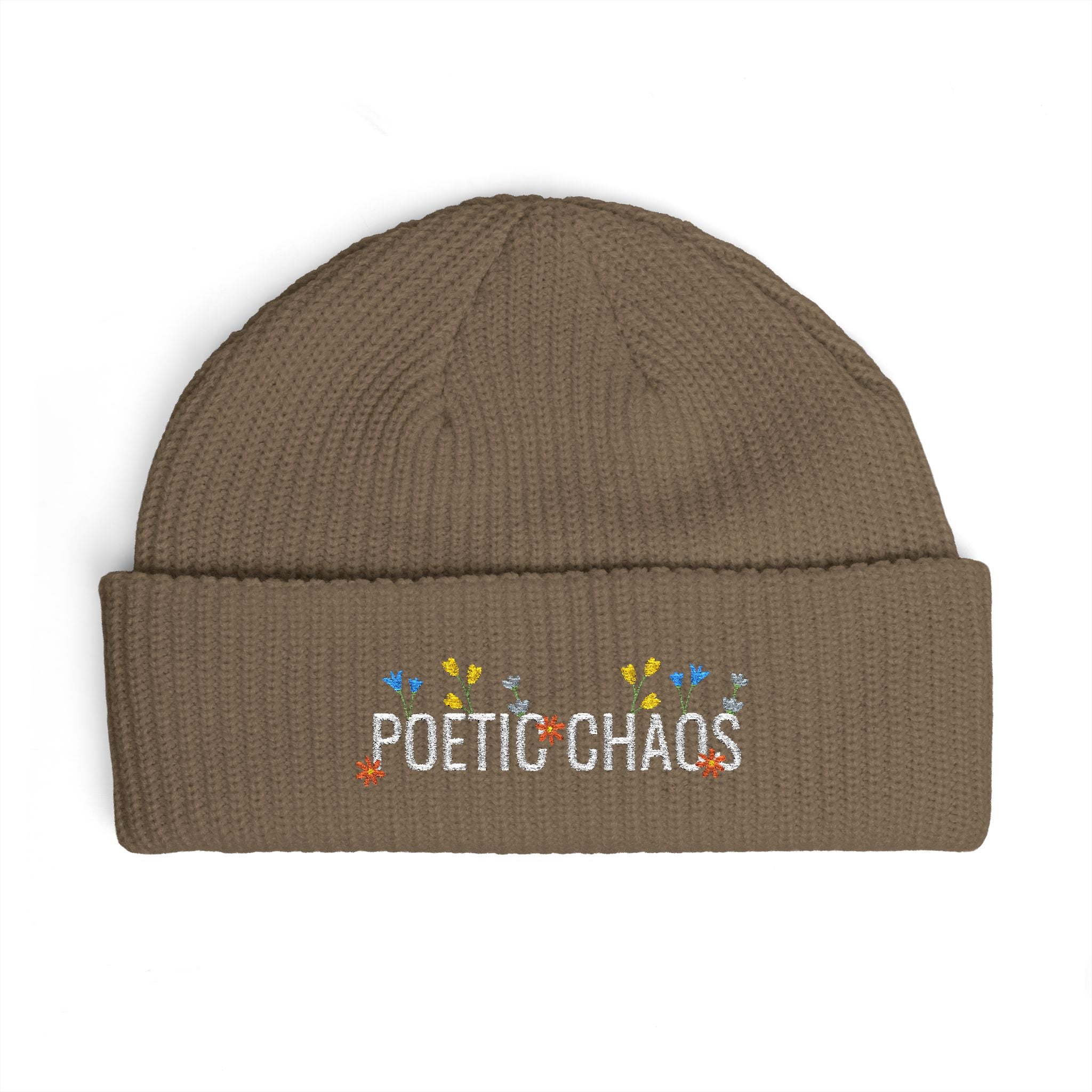 Poetic Chaos Cuff Beanie – Embroidered Floral white logo Knit Hat