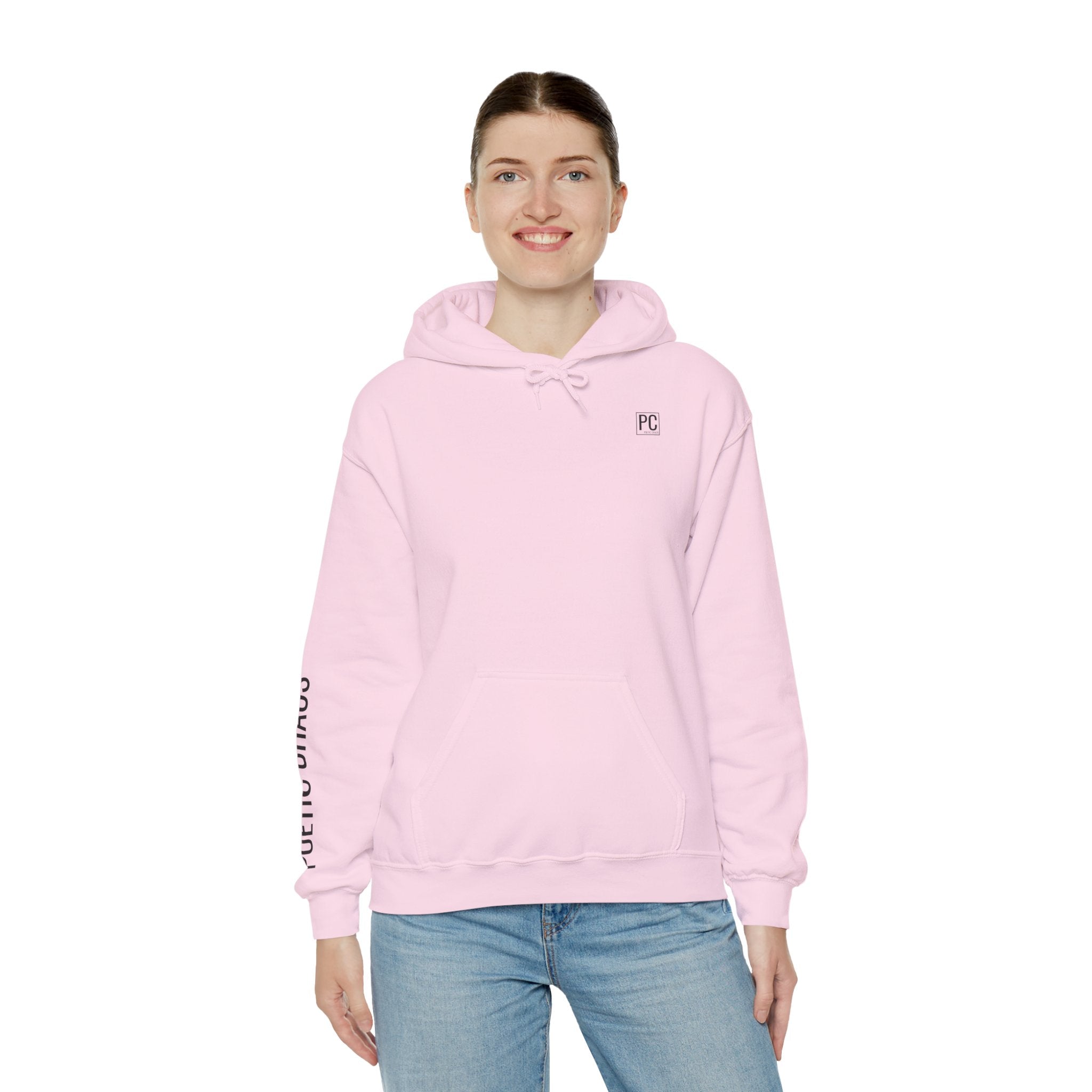 Poetic Chaos Hoodie — Minimal White Pullover with 'POETIC CHAOS' Sleeve Text