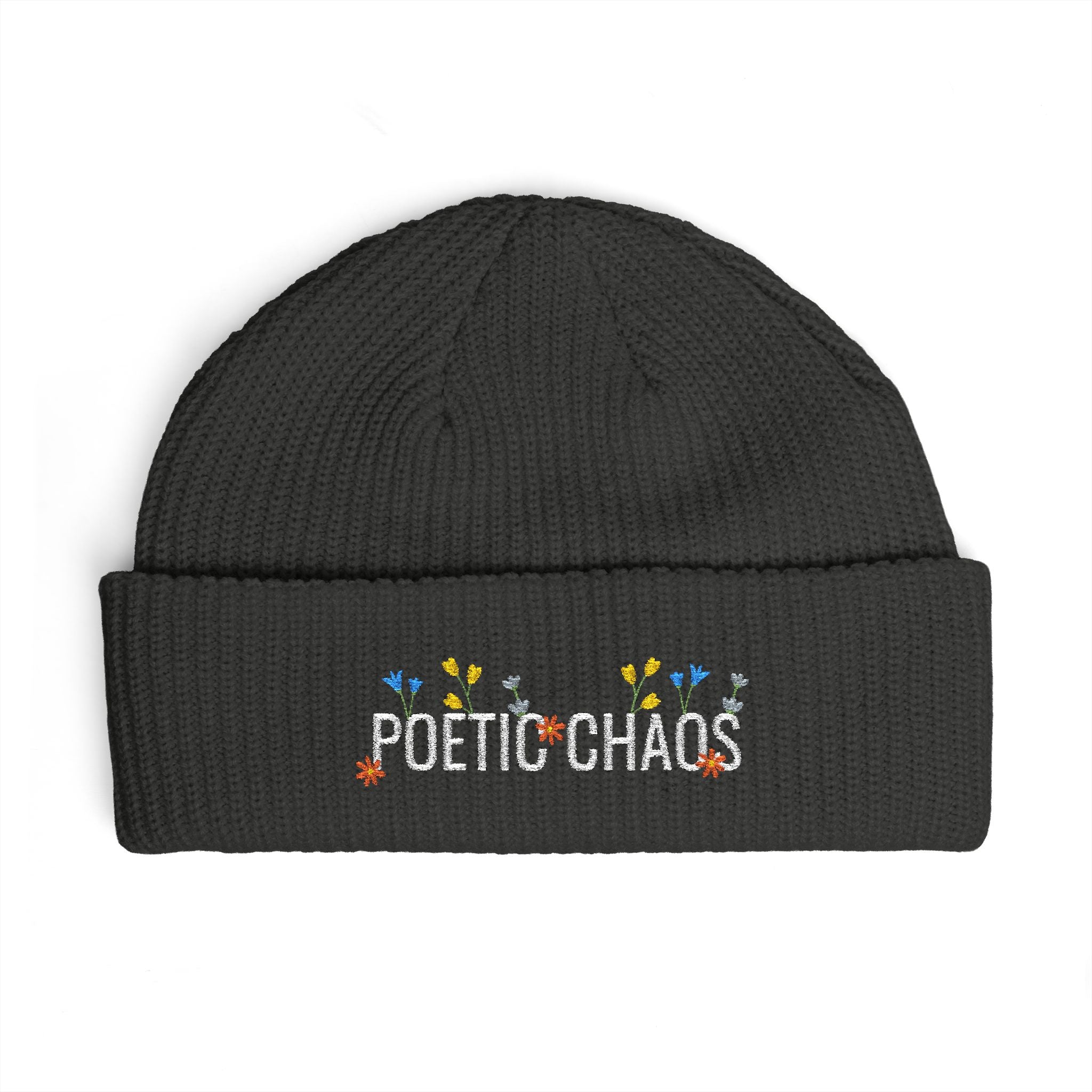 Poetic Chaos Cuff Beanie – Embroidered Floral white logo Knit Hat