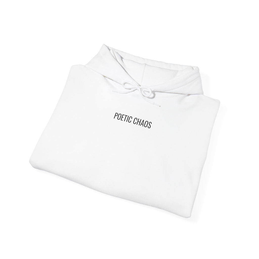 Poetic Chaos Minimalist Hoodie — Small Chest Text Pullover