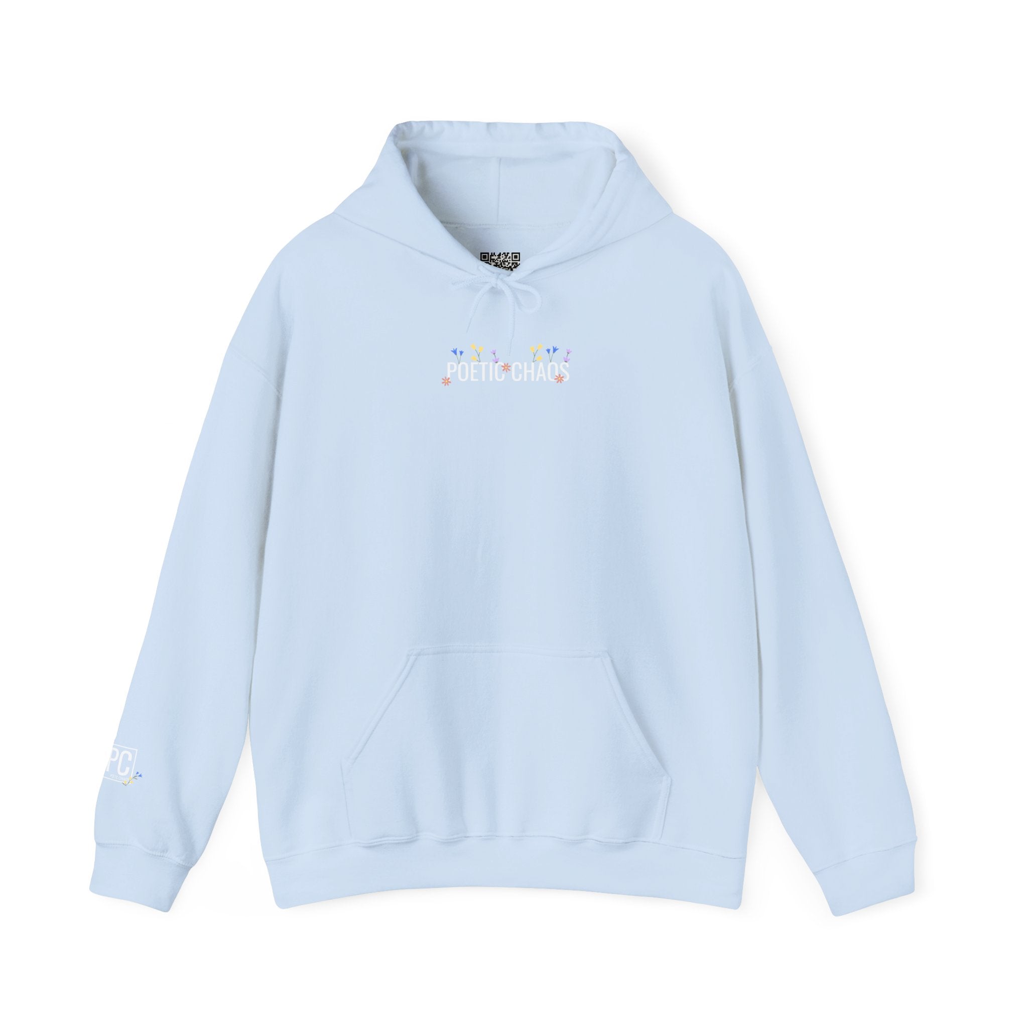 Poetic Chaos Hoodie — Small Chest white floral Logo & Sleeve Emblem