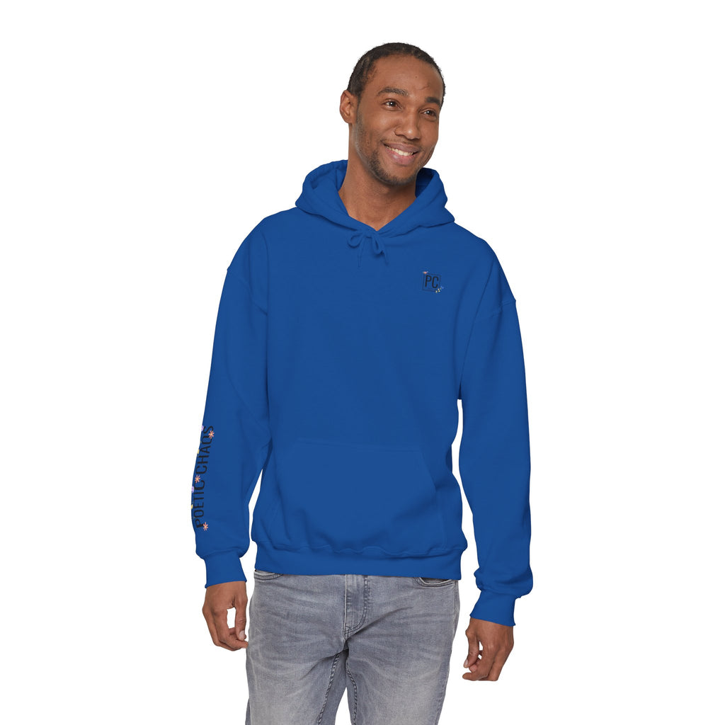 Poetic Chaos Sleeve Logo Hoodie — Minimal White Pullover with 'PC'floral logo