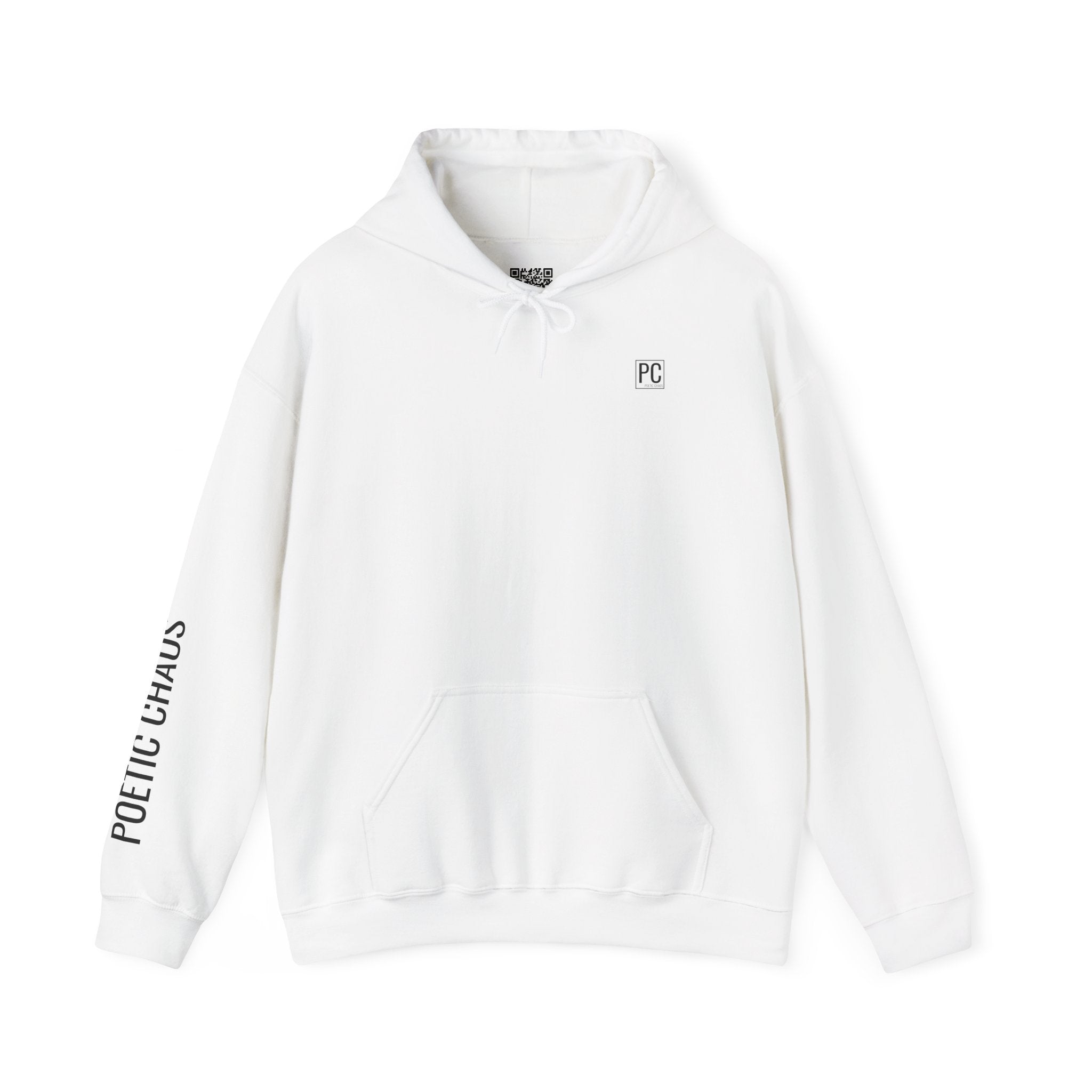Poetic Chaos Hoodie — Minimal White Pullover with 'POETIC CHAOS' Sleeve Text