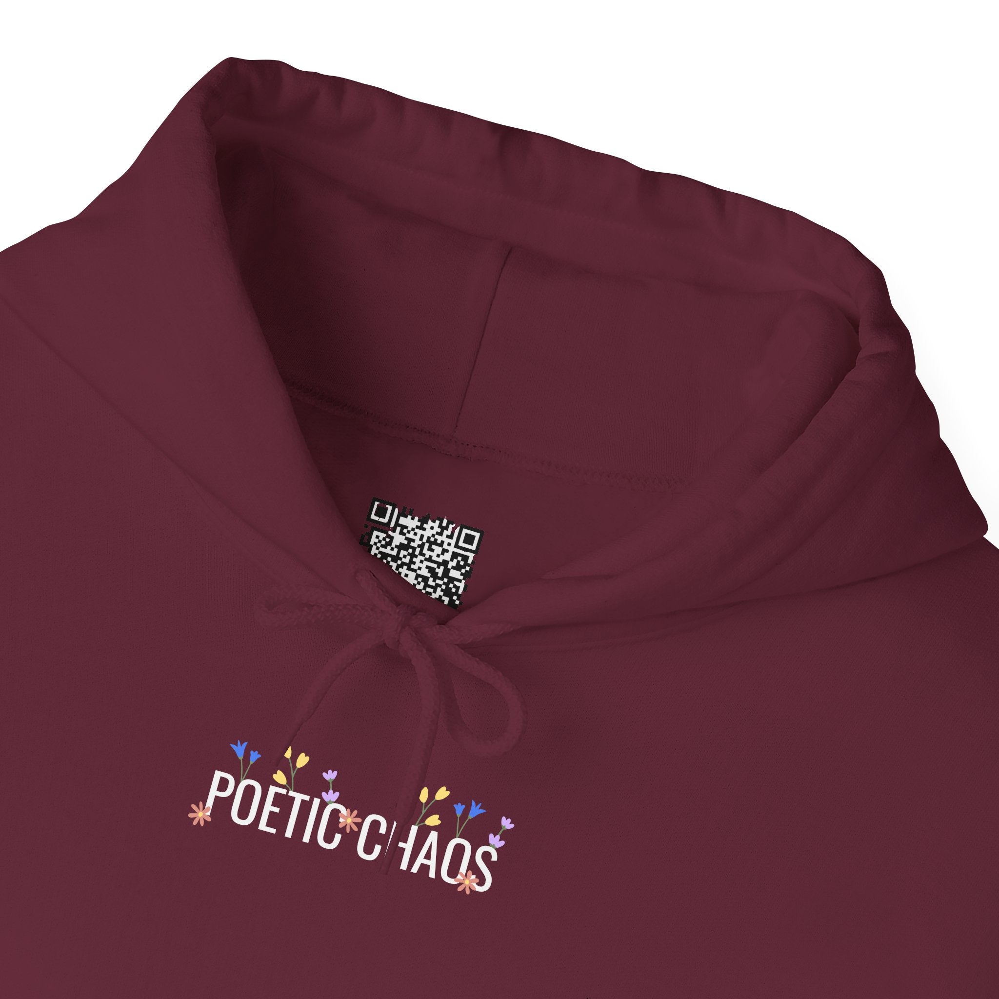 Poetic Chaos Hoodie — Small Chest white floral Logo & Sleeve Emblem