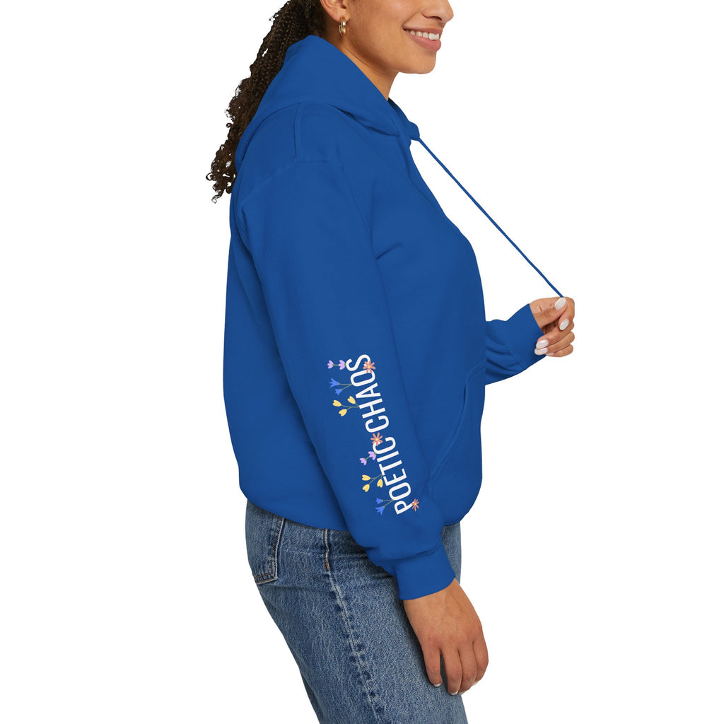 Poetic Chaos Sleeve Hoodie – Minimal white floral Logo Pullover