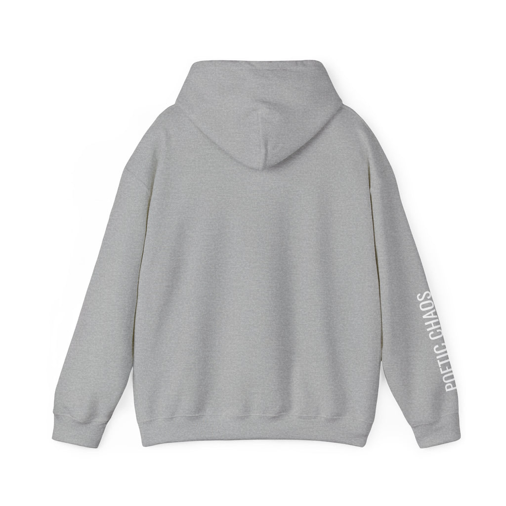Poetic Chaos Hoodie — Minimal white PC Logo Black Pullover with 'Poetic Chaos' Sleeve
