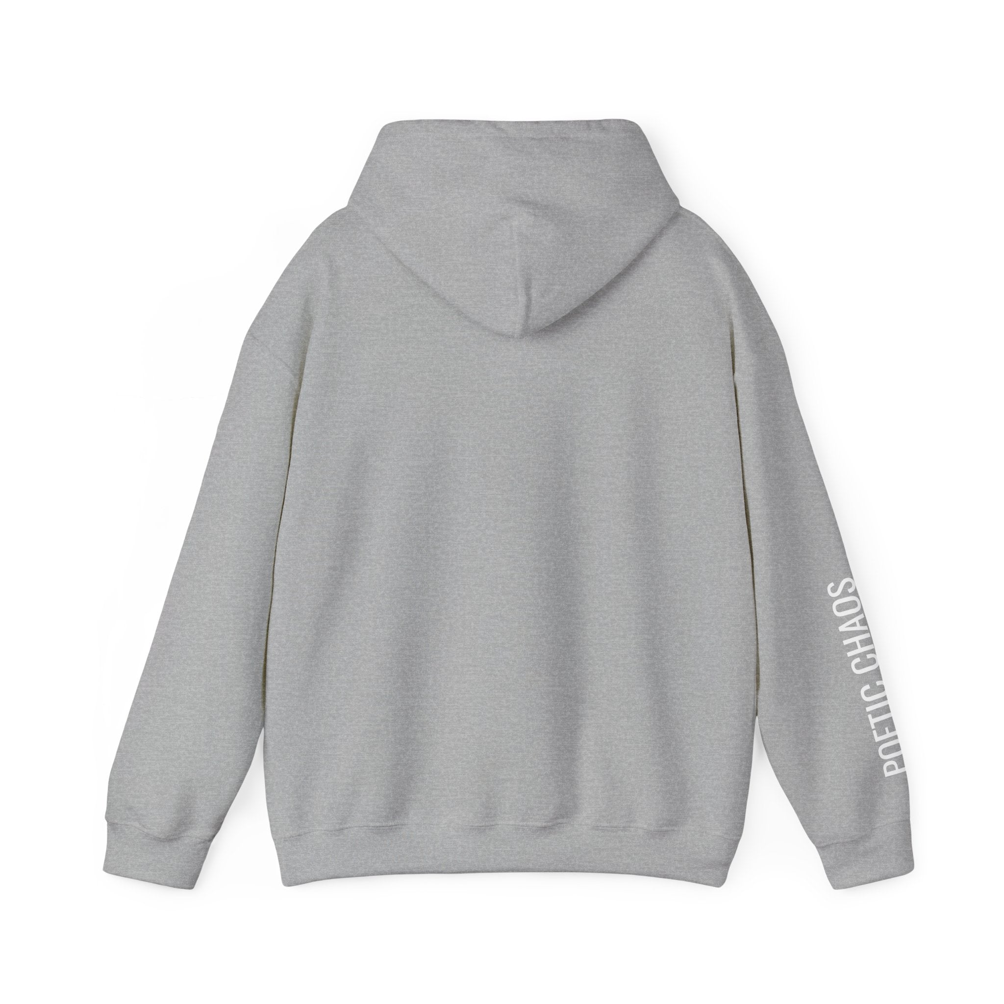 Poetic Chaos Hoodie — Minimal white PC Logo Black Pullover with 'Poetic Chaos' Sleeve
