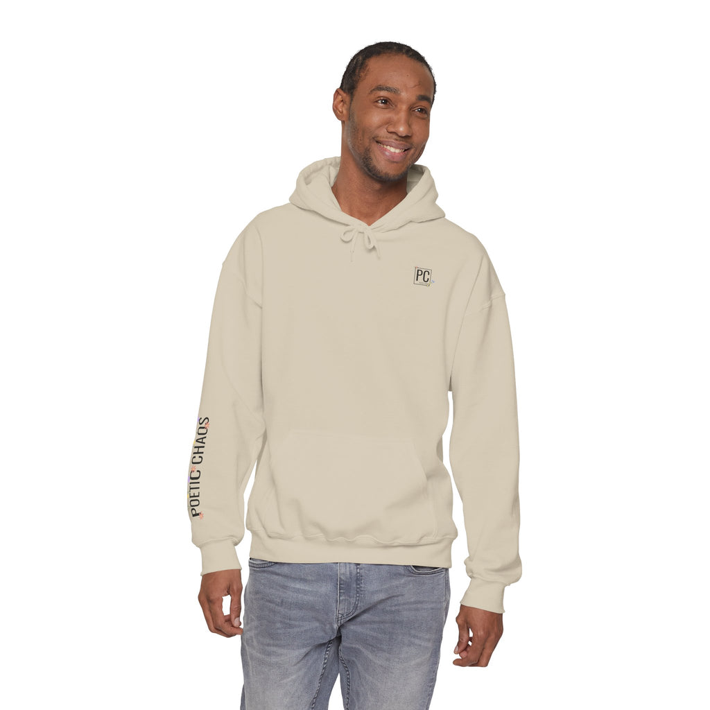 Poetic Chaos Sleeve Logo Hoodie — Minimal White Pullover with 'PC'floral logo