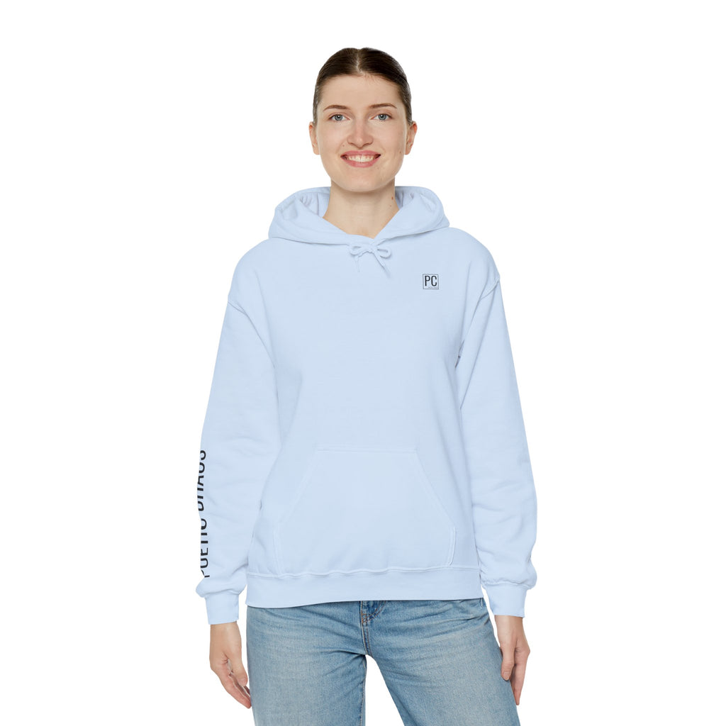 Poetic Chaos Hoodie — Minimal White Pullover with 'POETIC CHAOS' Sleeve Text