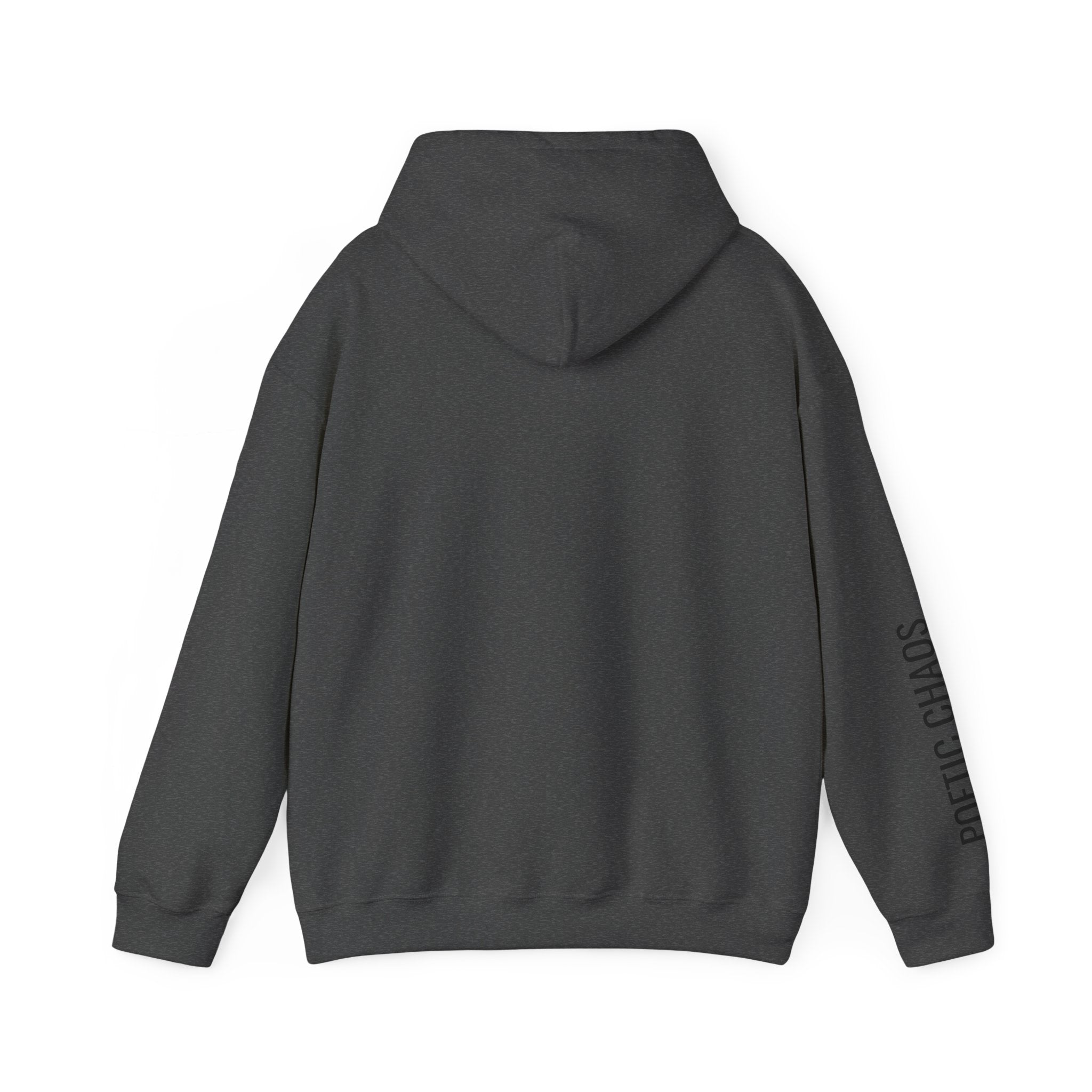 Poetic Chaos Hoodie — Minimal White Pullover with 'POETIC CHAOS' Sleeve Text