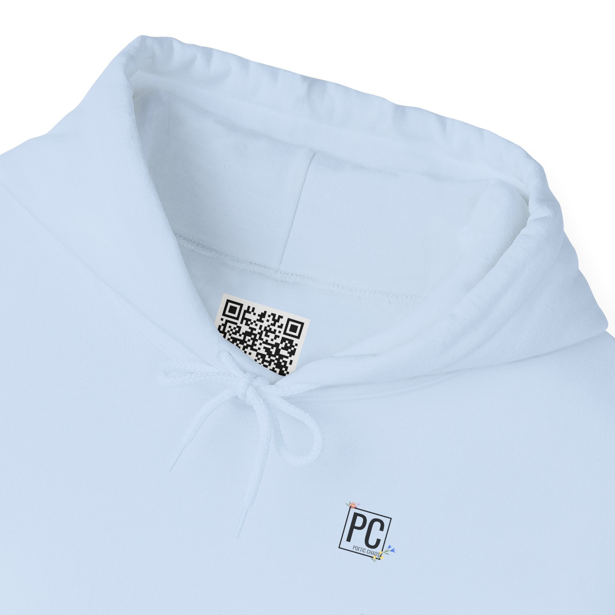 Poetic Chaos Sleeve Logo Hoodie — Minimal White Pullover with 'PC'floral logo
