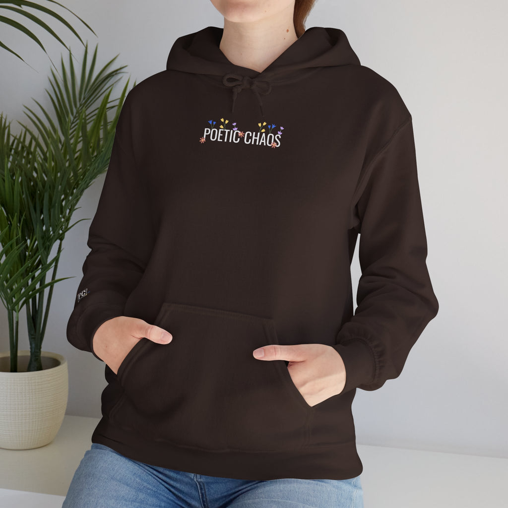 Poetic Chaos Hoodie — Small Chest white floral Logo & Sleeve Emblem