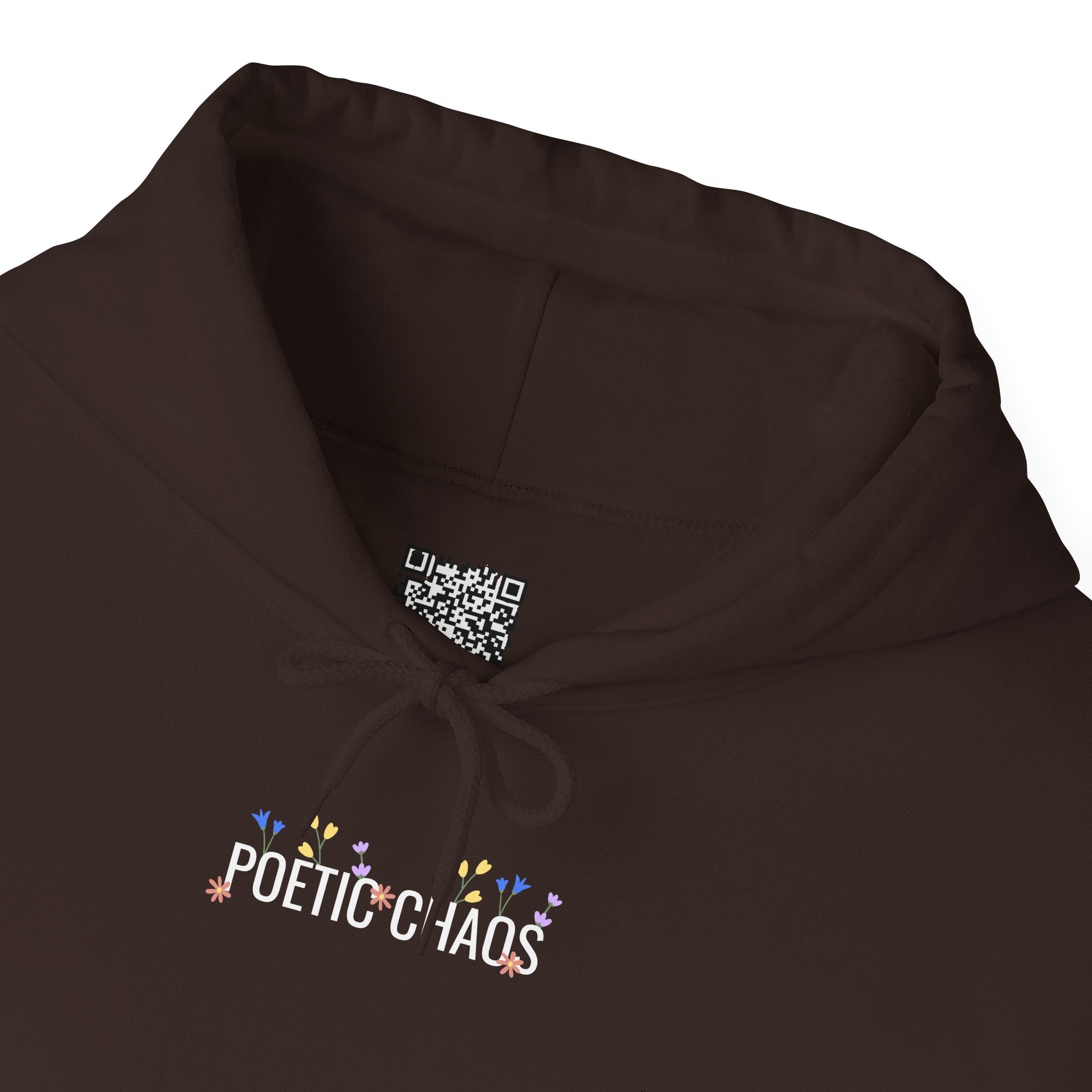 Poetic Chaos Hoodie — Small Chest white floral Logo & Sleeve Emblem