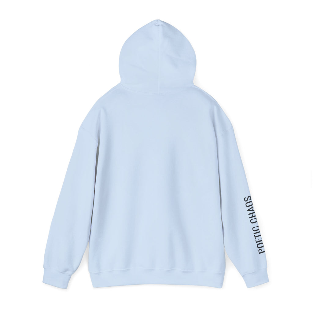 Poetic Chaos Hoodie — Minimal White Pullover with 'POETIC CHAOS' Sleeve Text