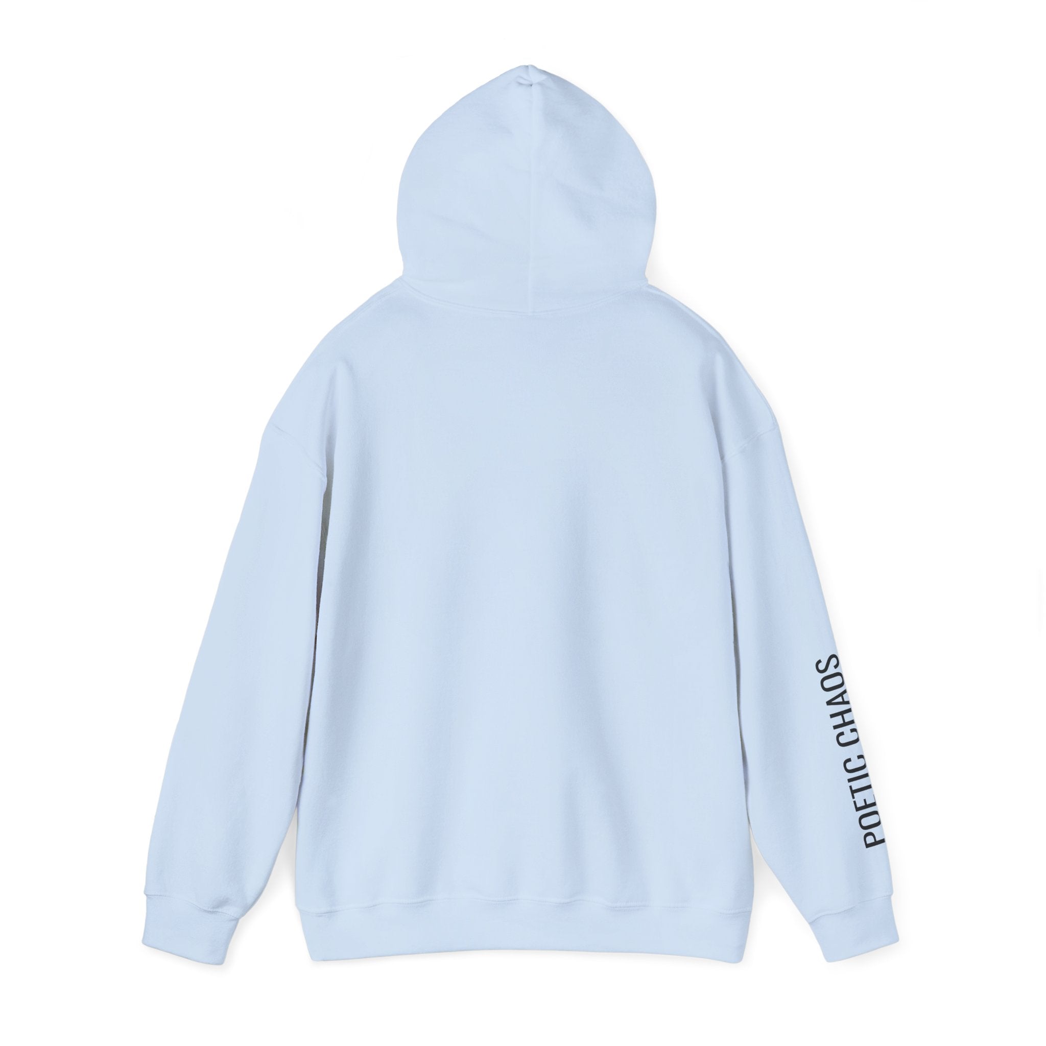 Poetic Chaos Hoodie — Minimal White Pullover with 'POETIC CHAOS' Sleeve Text
