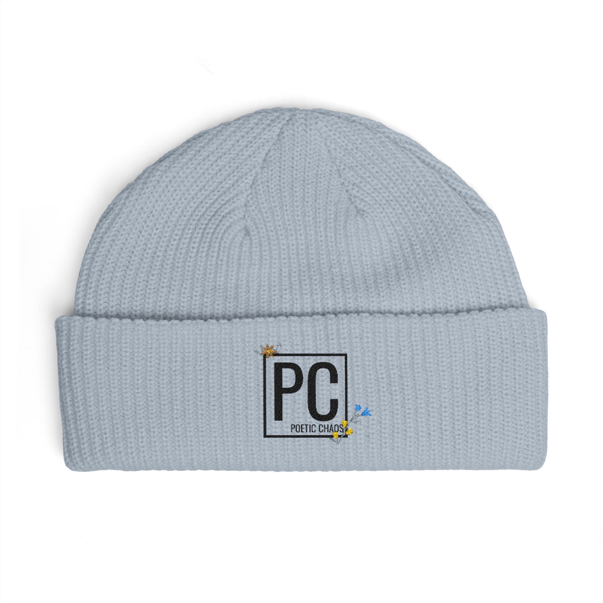 Cuff Beanie - 'PC' Logo Embroidered Knit Hat with Tiny Bee Accents