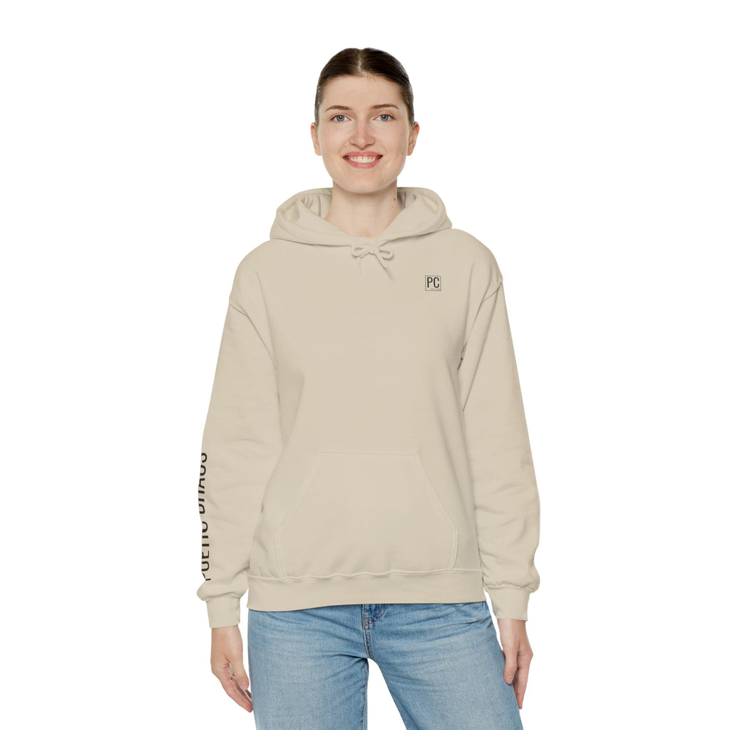 Poetic Chaos Hoodie — Minimal White Pullover with 'POETIC CHAOS' Sleeve Text