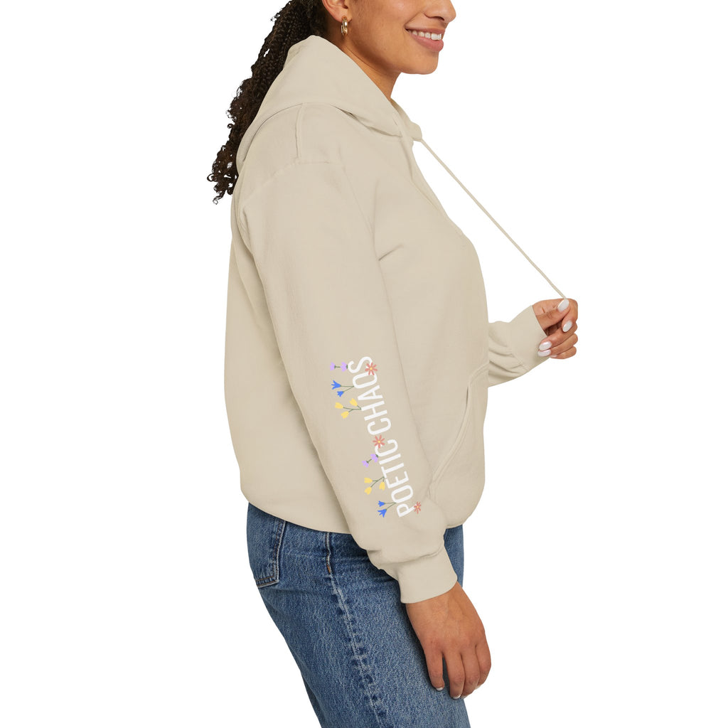 Poetic Chaos Sleeve Hoodie – Minimal white floral Logo Pullover