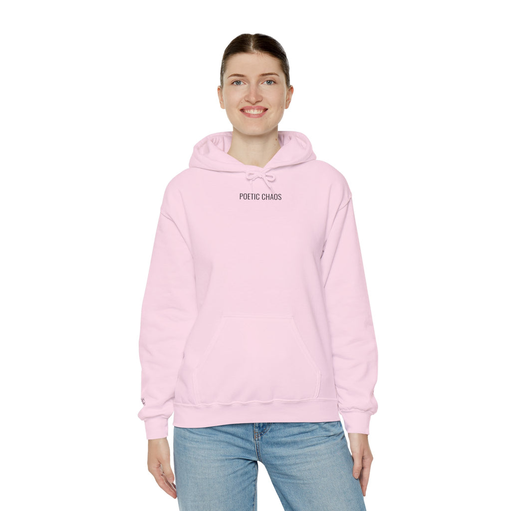 Poetic Chaos Minimalist Hoodie — Small Chest Text Pullover