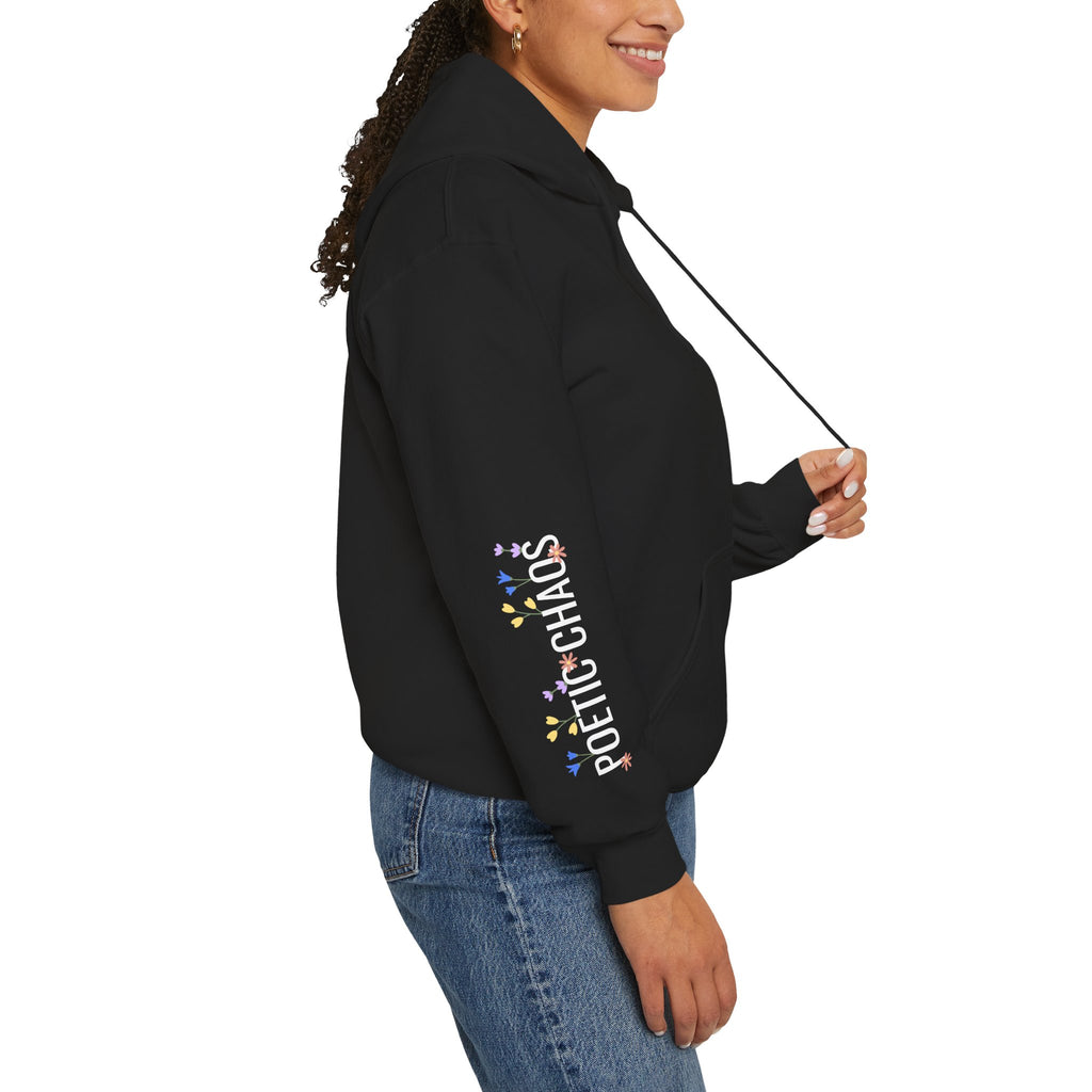 Poetic Chaos Sleeve Hoodie – Minimal white floral Logo Pullover