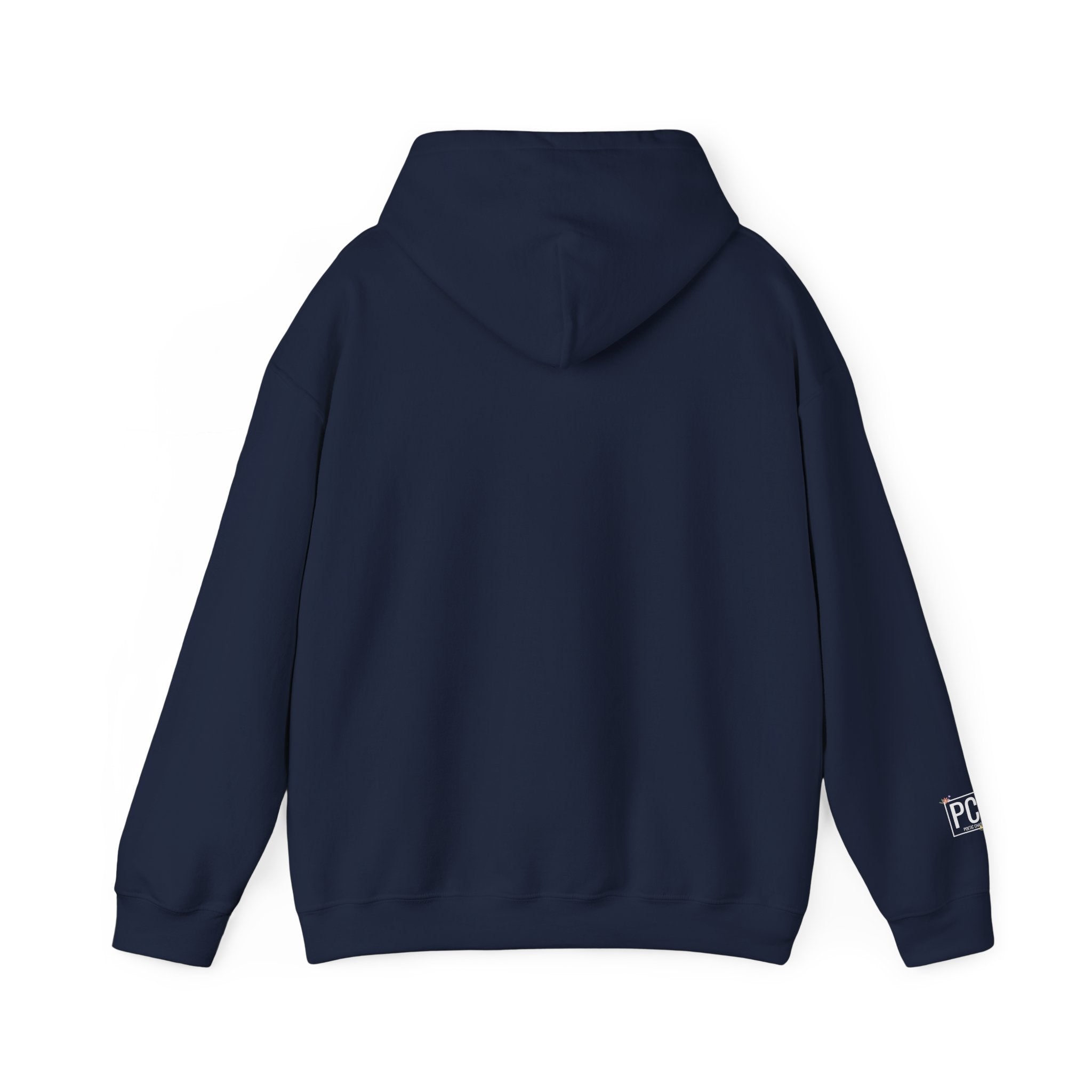 Poetic Chaos Hoodie — Small Chest white floral Logo & Sleeve Emblem